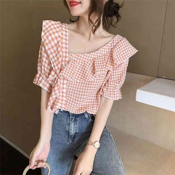 women summer short sleeve blouse shirts vintage plaid female ruffles sweet casual street lady 210517, White
women summer short sleeve blouse shirts vintage plaid female ruffles sweet casual street lady 210517, White