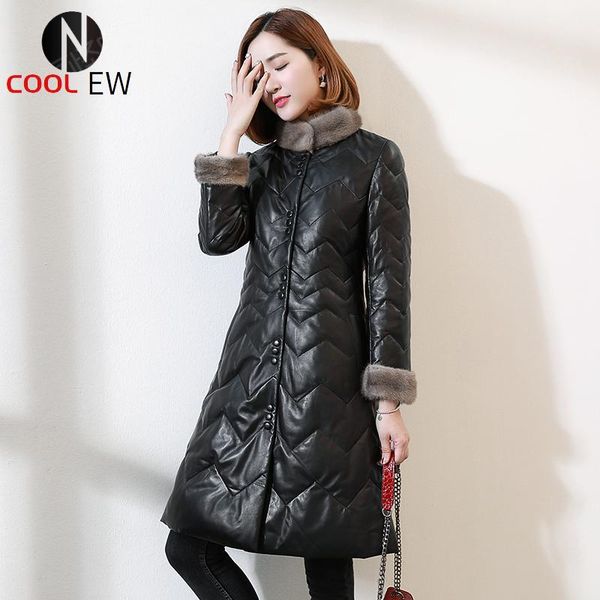 women's leather & faux 100% genuine down coat women luxury office collar sheepskin overcoat elegant streetwear winter slim long jac, Black
women's leather & faux 100% genuine down coat women luxury office collar sheepskin overcoat elegant streetwear winter slim long jac, Black