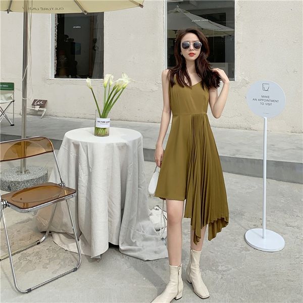 women sling pleated dress irregular v-neck sleeveless female mini dresses, Black;gray
women sling pleated dress irregular v-neck sleeveless female mini dresses, Black;gray