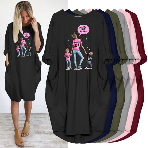propcm women summer fashion plus size midi dress long sleeve mama child print o neck pocket casual vintage party woman dresses robes, Black;gray
propcm women summer fashion plus size midi dress long sleeve mama child print o neck pocket casual vintage party woman dresses robes, Black;gray