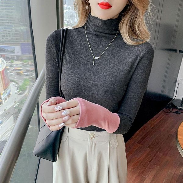 women's t-shirt fall winter european style brushed cotton turtleneck contrast color women long sleeve tees, White
women's t-shirt fall winter european style brushed cotton turtleneck contrast color women long sleeve tees, White