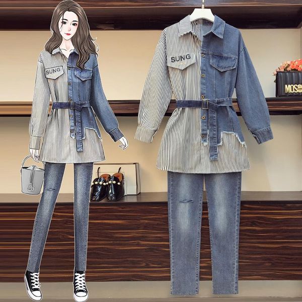 plus size women's fat sister spring 2021 denim plaid stitching jeans cover the meat and look thin two-piece suit two piece pants, White
plus size women's fat sister spring 2021 denim plaid stitching jeans cover the meat and look thin two-piece suit two piece pants, White