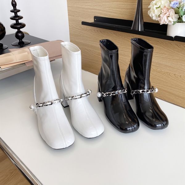 mary jane stretch ankle boots winter patent leather lycra chunky high heels designer shoes pearls chain slip-on botas femininas, Black
mary jane stretch ankle boots winter patent leather lycra chunky high heels designer shoes pearls chain slip-on botas femininas, Black