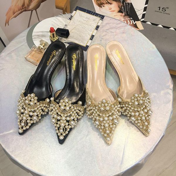 mules for women 2021 cover toe lace high-heeled shoes lady woman's slippers low slides fashion string bead heels pointed, Black
mules for women 2021 cover toe lace high-heeled shoes lady woman's slippers low slides fashion string bead heels pointed, Black