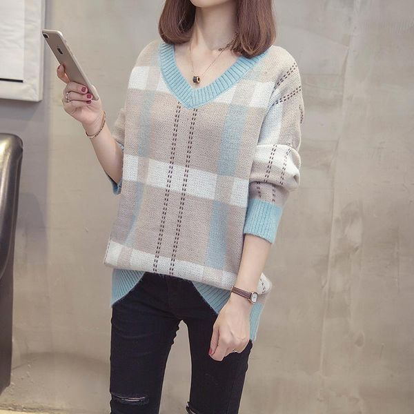 women's sweaters v-neck plaid loose oversized plus large size female woman blouses winter clothing latest 2021 spring autum 0549, White;black
women's sweaters v-neck plaid loose oversized plus large size female woman blouses winter clothing latest 2021 spring autum 0549, White;black