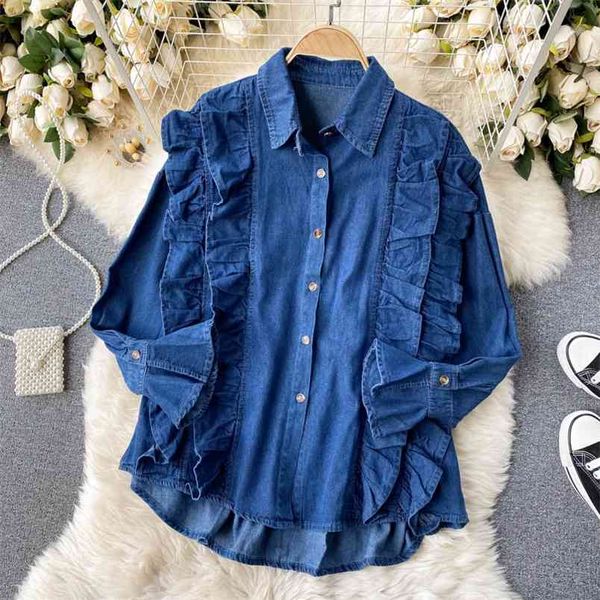 spring autumn retro denim blouse female sweet wood ears lapel slim fit blusa wild trumpet sleeve shirt c273 210506, White
spring autumn retro denim blouse female sweet wood ears lapel slim fit blusa wild trumpet sleeve shirt c273 210506, White