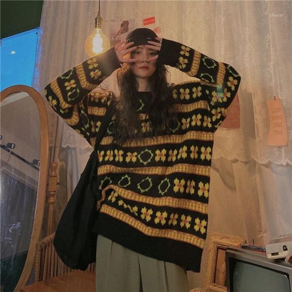 women's sweaters kalenmos retro striped knitted pullover women loose korean flower long-sleeved sweater round neck oversized fall sweat, White;black
women's sweaters kalenmos retro striped knitted pullover women loose korean flower long-sleeved sweater round neck oversized fall sweat, White;black