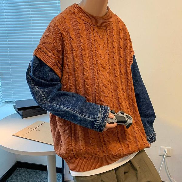 men's sweaters denim stitching sweater men warm fashion fake two-piece knitted pullover loose long-sleeved mens oversized jumper, White;black
men's sweaters denim stitching sweater men warm fashion fake two-piece knitted pullover loose long-sleeved mens oversized jumper, White;black