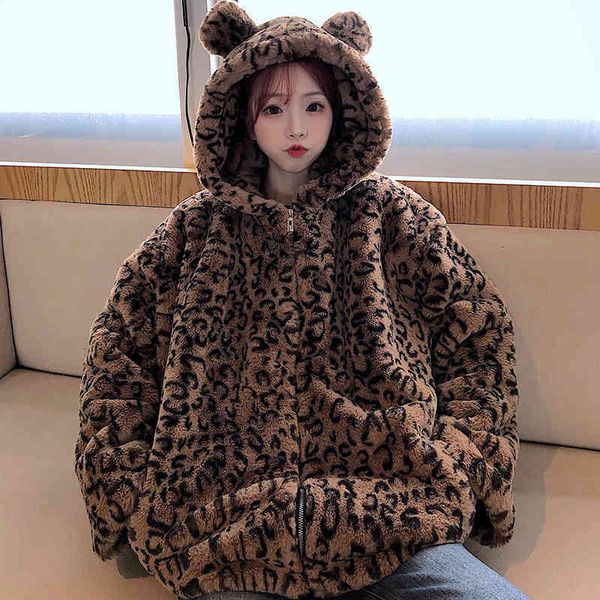 lovely winter sweater leopard print hooded coat plush coat women's cardigan top, Black 
lovely winter sweater leopard print hooded coat plush coat women's cardigan top, Black