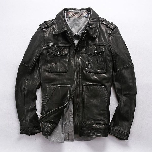 men's leather & faux plant tanning goatskin motorcycle jacket with pockets safari style black fold casual coat men autumn
men's leather & faux plant tanning goatskin motorcycle jacket with pockets safari style black fold casual coat men autumn