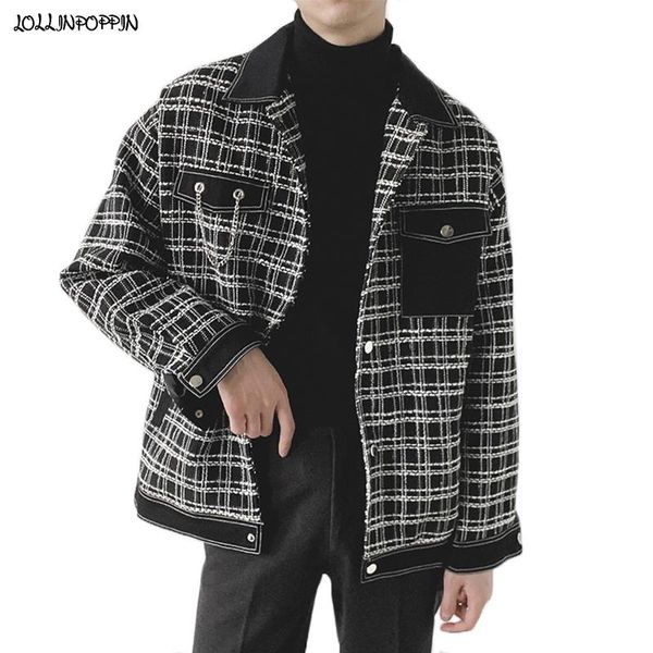 men's jackets streetwear men plaid jacket turn down collar 2021 spring autumn chain embellished checkered pattern loose coat male outer, Black;brown
men's jackets streetwear men plaid jacket turn down collar 2021 spring autumn chain embellished checkered pattern loose coat male outer, Black;brown