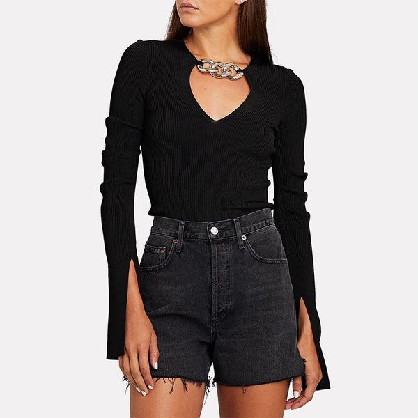 women's sweaters woman v neck chain long slite sleeve knitted hollow out pullover sweater, White;black
women's sweaters woman v neck chain long slite sleeve knitted hollow out pullover sweater, White;black