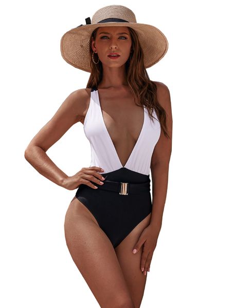 women's one piece swimsuit patchwork belt integrated bikini, White
women's one piece swimsuit patchwork belt integrated bikini, White