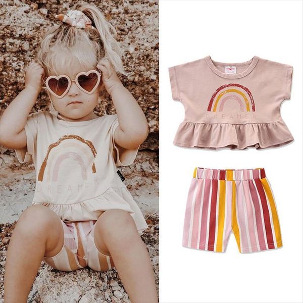 0 5y summer kids girls clothes sets rainbow printed short sleeve t shirts striped shorts, White
0 5y summer kids girls clothes sets rainbow printed short sleeve t shirts striped shorts, White