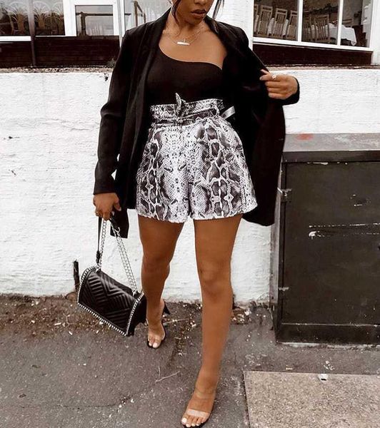 women's shorts snake skin print short high waist women fashion lace up loose female casual ladies, White;black
women's shorts snake skin print short high waist women fashion lace up loose female casual ladies, White;black
