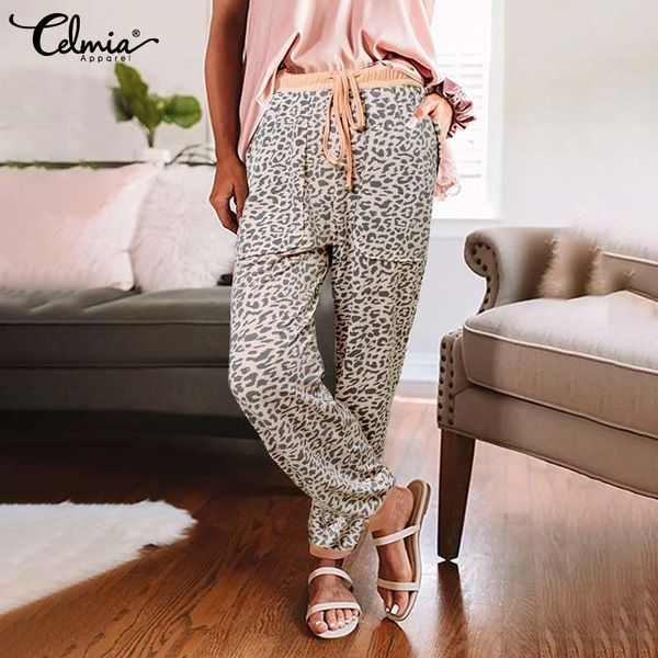 celmia trousers homewear women pajamas fashion long pants leopard print pockets drastring elastic high waist sleep bottoms 5xl women's, Black;red