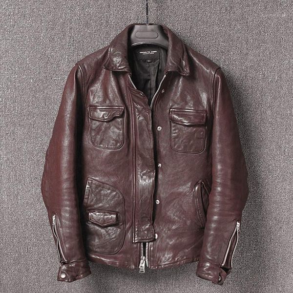 men's leather & faux vintage motorcycle vegetable tanning sheepskin slim fit biker jacket men japanese wrinkle coat male, Black
men's leather & faux vintage motorcycle vegetable tanning sheepskin slim fit biker jacket men japanese wrinkle coat male, Black
