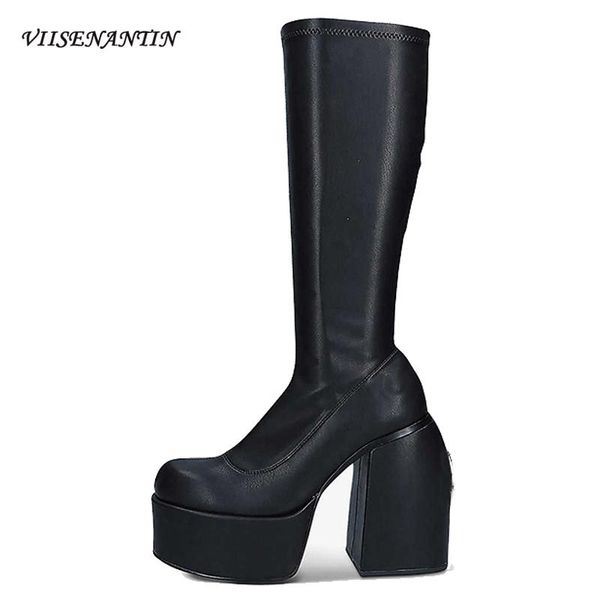 boots punk style square toe thick heel short genuine leather stretch over the knee, Black
boots punk style square toe thick heel short genuine leather stretch over the knee, Black