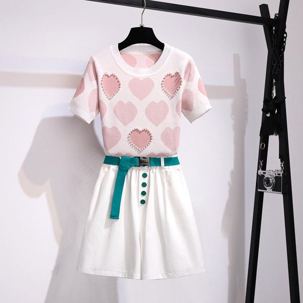 women's tracksuits fashion korean two piece suit set 2021 summer beading heart pattern knit + belted shorts, Gray
women's tracksuits fashion korean two piece suit set 2021 summer beading heart pattern knit + belted shorts, Gray