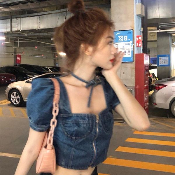 women's blouses & shirts 2021 summer korea fashion women elegant slim short square collar denim blouse and blusas mujer de moda h674, White
women's blouses & shirts 2021 summer korea fashion women elegant slim short square collar denim blouse and blusas mujer de moda h674, White