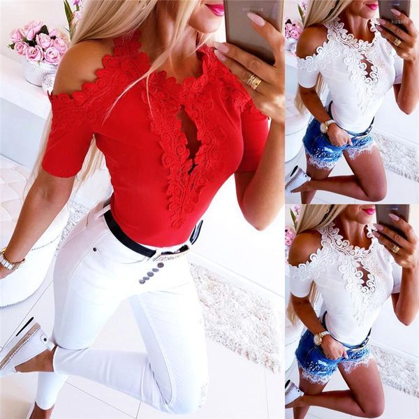 women's short sleeve solid fashion blouses lace ladies summer casual o-neck & shirts, White
women's short sleeve solid fashion blouses lace ladies summer casual o-neck & shirts, White