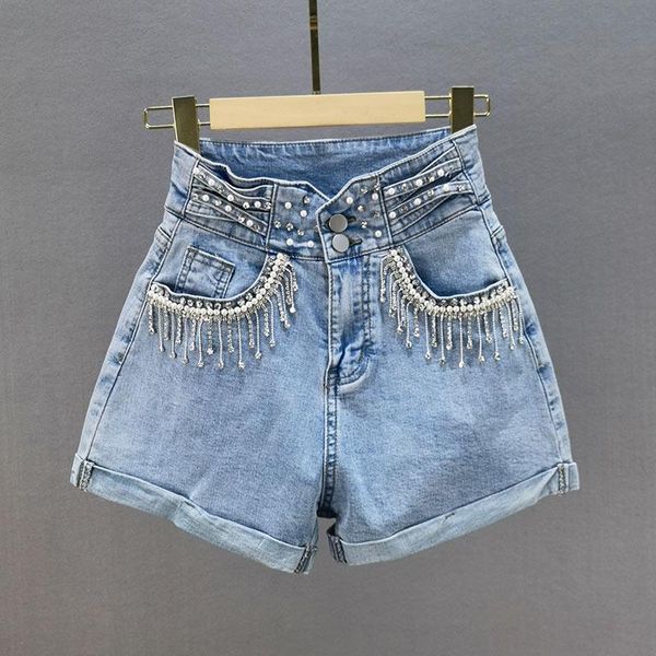 women's shorts luxury high street summer fashion women denim ladies waist beading tassel blue wide leg short pants, White;black
women's shorts luxury high street summer fashion women denim ladies waist beading tassel blue wide leg short pants, White;black