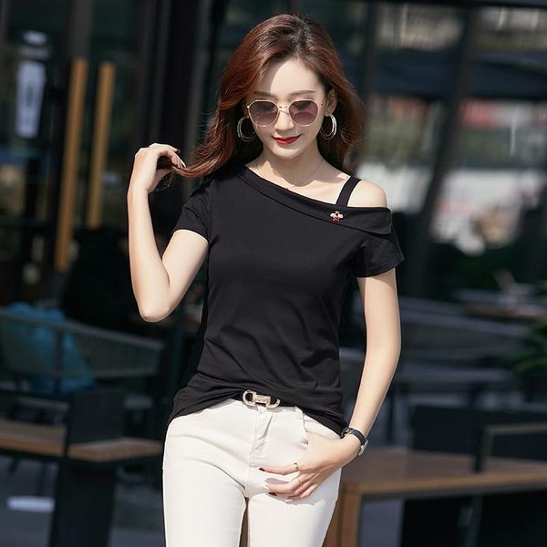 summer comfortable temperament short-sleeved women's t-shirt oblique collar strapless bee modal bottoming shirt, White
summer comfortable temperament short-sleeved women's t-shirt oblique collar strapless bee modal bottoming shirt, White