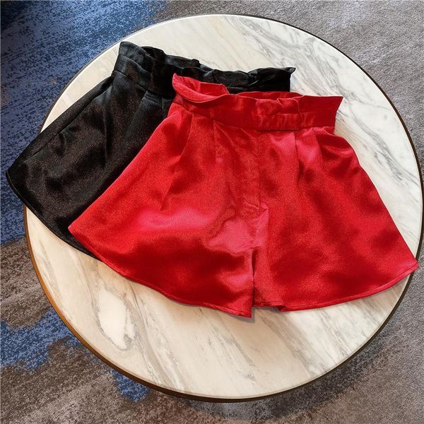 women's shorts women summer style ruffled thin solid milk silk satin high-waisted female, White;black
women's shorts women summer style ruffled thin solid milk silk satin high-waisted female, White;black