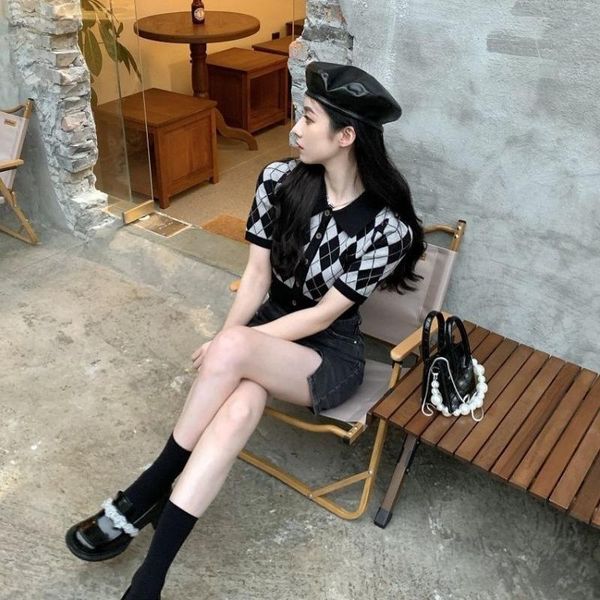 women's knits & tees summer 2021 retro check color matching lapel short knitwear fashion sleeve single button cardigan top, White
women's knits & tees summer 2021 retro check color matching lapel short knitwear fashion sleeve single button cardigan top, White