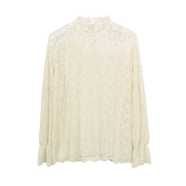 women stand collar lace long sleeve embroidery floral beige see through blouse b0416 210514, White
women stand collar lace long sleeve embroidery floral beige see through blouse b0416 210514, White