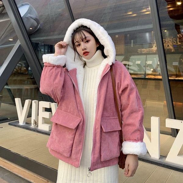 women's down & parkas corduroy cotton clothes student cute solid lamb wool loose coat korean harajuku style hooded comfortable and warm, Black
women's down & parkas corduroy cotton clothes student cute solid lamb wool loose coat korean harajuku style hooded comfortable and warm, Black