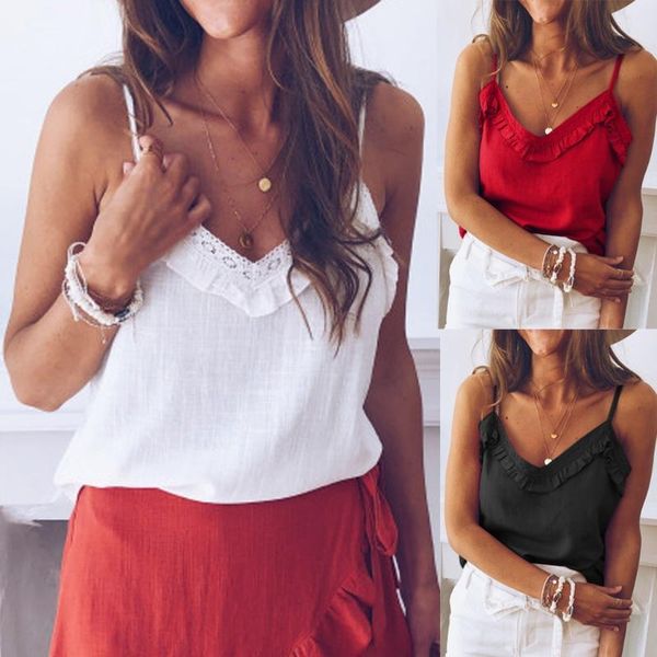 women's tanks & camis women solid colors v neck spaghetti strap ruffles lace sleeveless sling summer casual loose clothing#p3, White
women's tanks & camis women solid colors v neck spaghetti strap ruffles lace sleeveless sling summer casual loose clothing#p3, White
