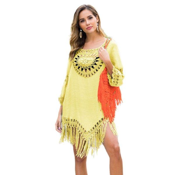 women hollow crochet swimsuit cover ups fringe tassels asymmetric beach dress women's swimwear, White;black
women hollow crochet swimsuit cover ups fringe tassels asymmetric beach dress women's swimwear, White;black