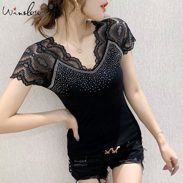 women's t-shirt summer fashion korean clothes t-shirt v-neck diamonds patchwork lace women ropa mujer short sleeve tees, White
women's t-shirt summer fashion korean clothes t-shirt v-neck diamonds patchwork lace women ropa mujer short sleeve tees, White