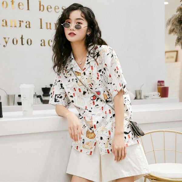 women vintage cartoon cat printed shirt summer casual single-breasted lapel short sleeve blouse blusas mujer de moda 2021 women's blou, White
women vintage cartoon cat printed shirt summer casual single-breasted lapel short sleeve blouse blusas mujer de moda 2021 women's blou, White