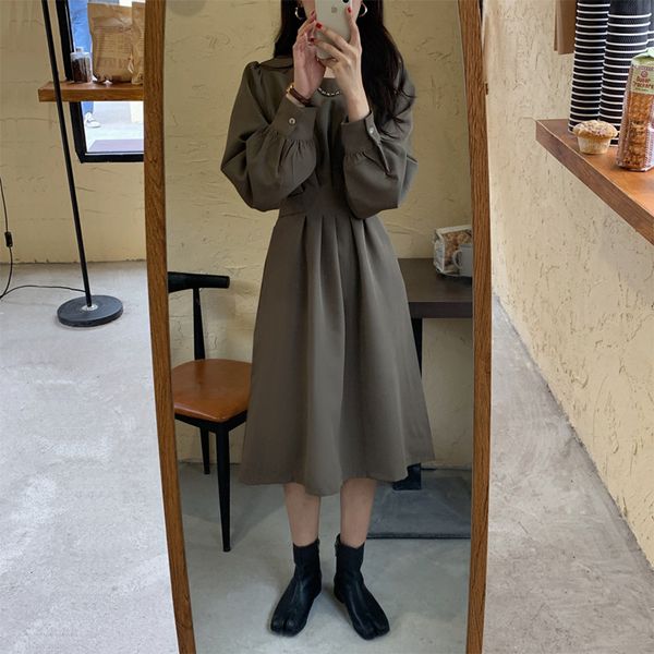 dresses korean casual french retro dark women elegant waist o-neck soft solid color versatile chic fashion, Black;gray 
dresses korean casual french retro dark women elegant waist o-neck soft solid color versatile chic fashion, Black;gray