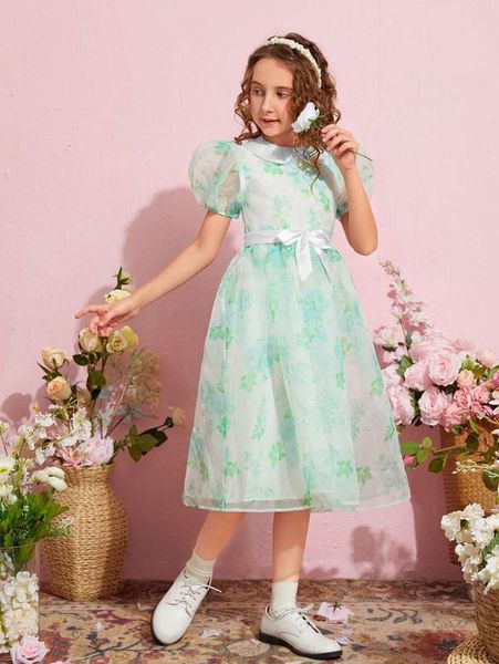 girls peter-pan collar puff sleeve allover floral print mesh overlay belted dress she, Red;yellow
girls peter-pan collar puff sleeve allover floral print mesh overlay belted dress she, Red;yellow