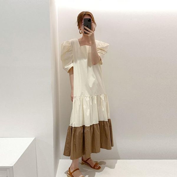 party dresses 2021 summer simple korean style vintage square collar loose pleated puff sleeve stitching one piece maxi women clothes, White;black
party dresses 2021 summer simple korean style vintage square collar loose pleated puff sleeve stitching one piece maxi women clothes, White;black