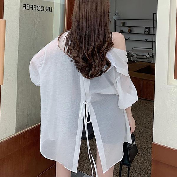 women's blouses & shirts summer see through blouse women long sleeve black split loose transparent femme, White
women's blouses & shirts summer see through blouse women long sleeve black split loose transparent femme, White