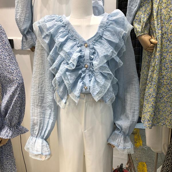 women's blouses & shirts ruffles blue lace women blouse summer 2021 v-neck button long-sleeved loose sweet style elegant office lady pu, White
women's blouses & shirts ruffles blue lace women blouse summer 2021 v-neck button long-sleeved loose sweet style elegant office lady pu, White
