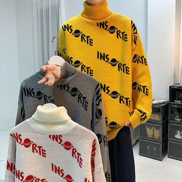 men's sweaters hip hop streetwear men turtleneck sweater autumn cotton pullover harajuku vintage letter print knitted jumper, White;black 
men's sweaters hip hop streetwear men turtleneck sweater autumn cotton pullover harajuku vintage letter print knitted jumper, White;black