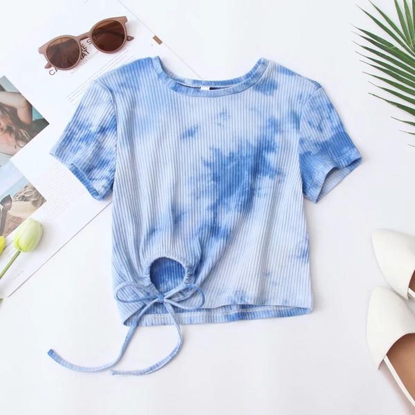 women's t-shirt women fashion tie dye drawstring casual vintage round neck summer short sleeve blue bow elastic waist chic, White
women's t-shirt women fashion tie dye drawstring casual vintage round neck summer short sleeve blue bow elastic waist chic, White