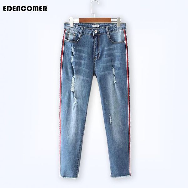autumn large size women's clothes simple high elastic breaking jeans casual splicing red edge, Blue
autumn large size women's clothes simple high elastic breaking jeans casual splicing red edge, Blue