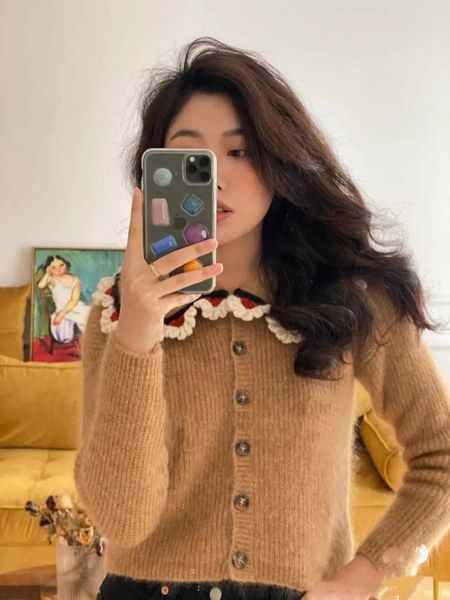 women's knits & tees 2021 autumn and winter product caramel color handmade lace collar alpaca knitted cardigan women, White
women's knits & tees 2021 autumn and winter product caramel color handmade lace collar alpaca knitted cardigan women, White