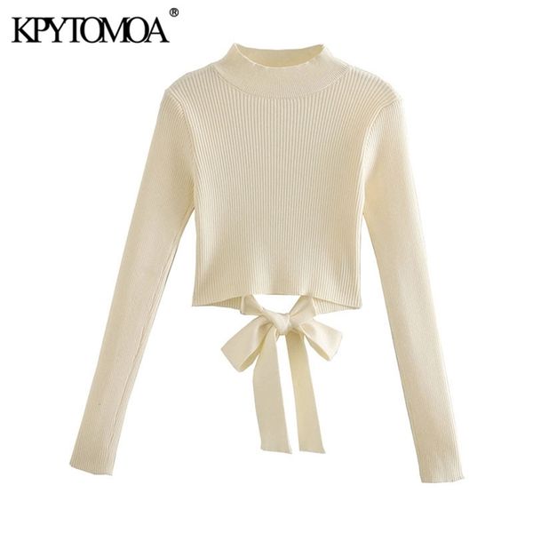 women fashion with bow tied cropped knitted sweater vintage long sleeve backless female pullovers chic 210421, White;black
women fashion with bow tied cropped knitted sweater vintage long sleeve backless female pullovers chic 210421, White;black