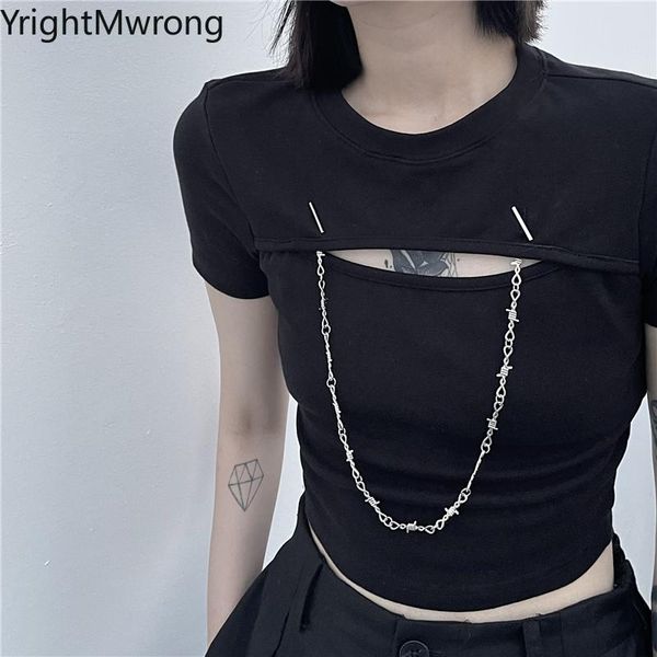 women's t-shirt gothic chain cut hollow punk black women crop short t shirt harajuku streetwear aesthetic bandage tee fashion, White
women's t-shirt gothic chain cut hollow punk black women crop short t shirt harajuku streetwear aesthetic bandage tee fashion, White