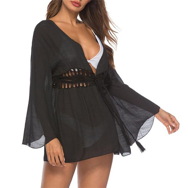 fashion women hollow tassel smock trumpet sleeve cardigan sun-protective lace-up summer beach holiday bikini cover ups women's swimwear, White;black
fashion women hollow tassel smock trumpet sleeve cardigan sun-protective lace-up summer beach holiday bikini cover ups women's swimwear, White;black