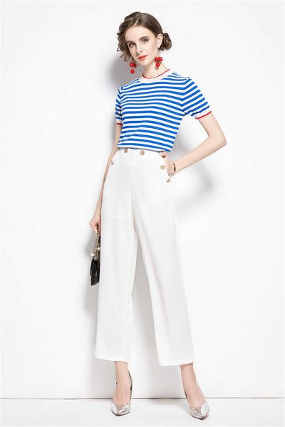 women summer designer elegant retro two piece set female o neck short sleeve striped knitting + white ankle-length pants 210525
women summer designer elegant retro two piece set female o neck short sleeve striped knitting + white ankle-length pants 210525