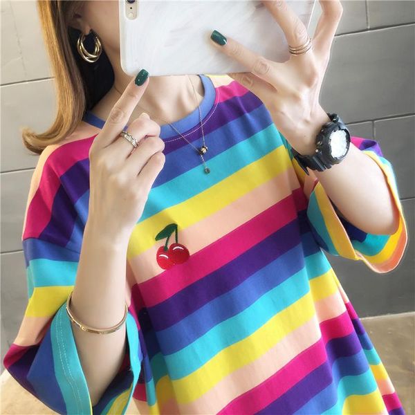 women's t-shirt short-sleeved rainbow summer fashion korean style loose mid-length trend simple half-sleeved top, White
women's t-shirt short-sleeved rainbow summer fashion korean style loose mid-length trend simple half-sleeved top, White