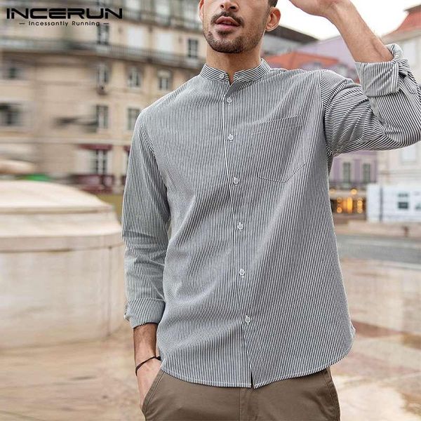 men's casual shirts 2021 fashion men striped shirt stand collar long sleeve streetwear button brand pockets handsome camisas incerun, White;black
men's casual shirts 2021 fashion men striped shirt stand collar long sleeve streetwear button brand pockets handsome camisas incerun, White;black